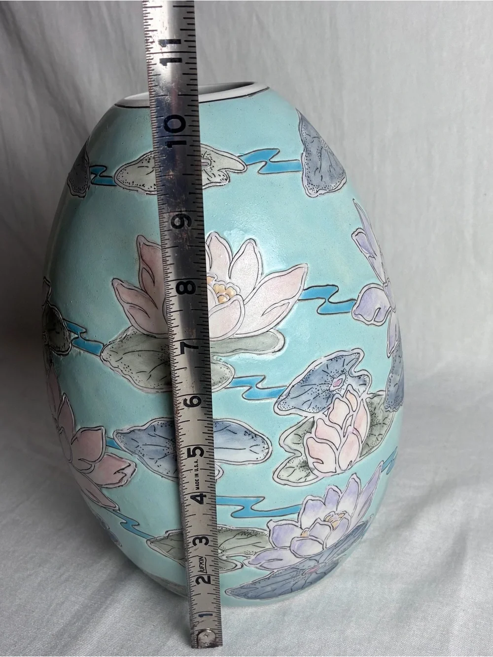 Vintage WBI Chinese Porcelain Lotus Flower Vase -Mint Blue / Pastel Water Lilies